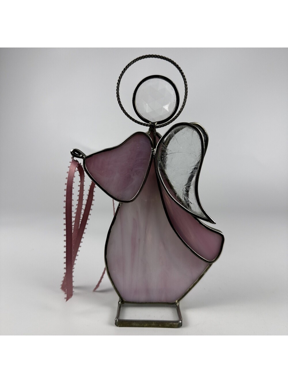 Stained Glass Angel Figurine 8.5" Pink Suncatcher Crystal Halo Vintage Standing